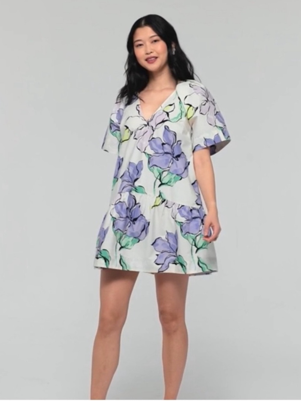 A New Day Flutter Short Sleeve Mini Poplin Dress SZ Medium White/Purple Floral